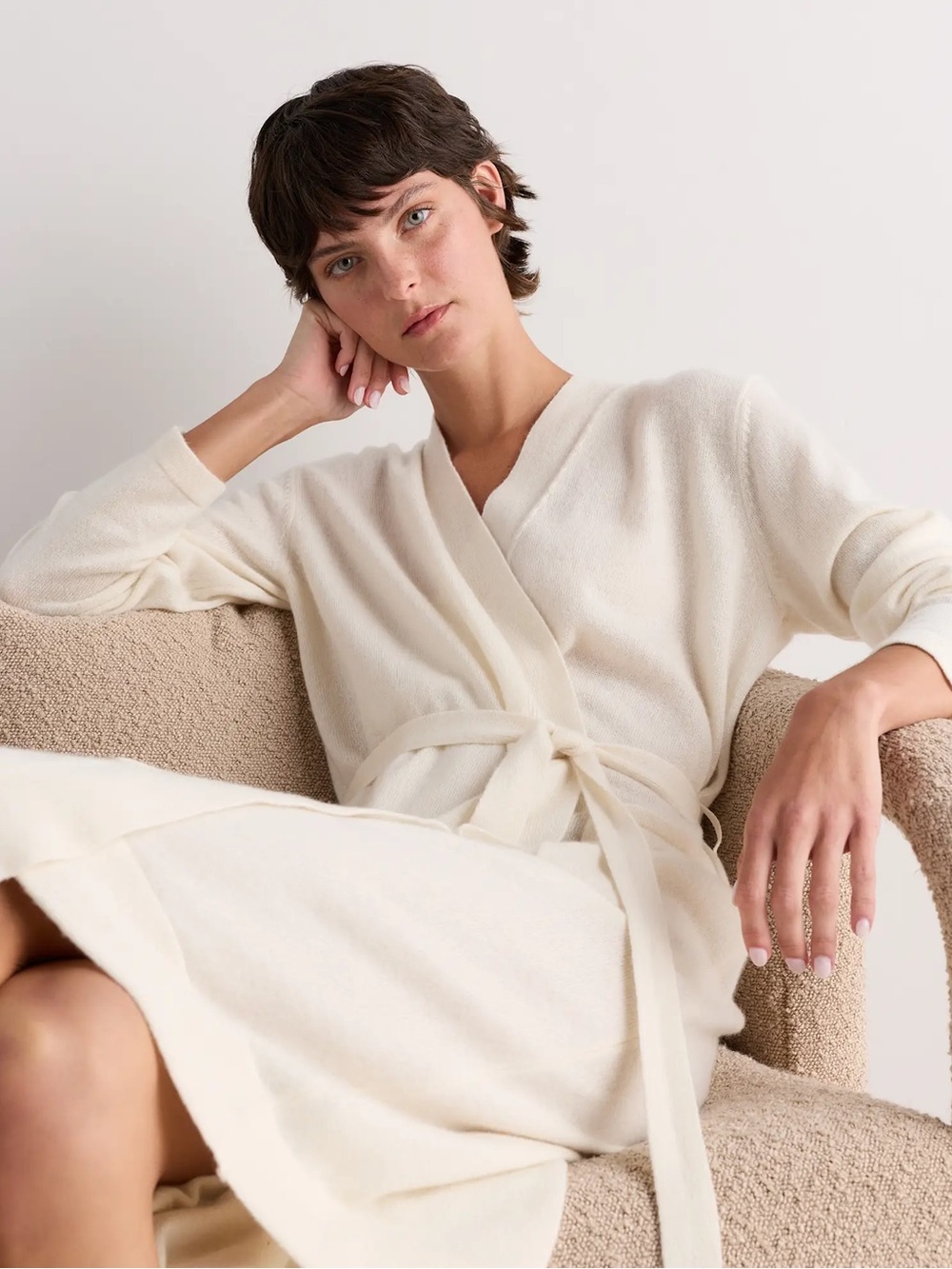 Mongolian Cashmere Robe Women's Cream Wrap Robe Knit Lounge size M